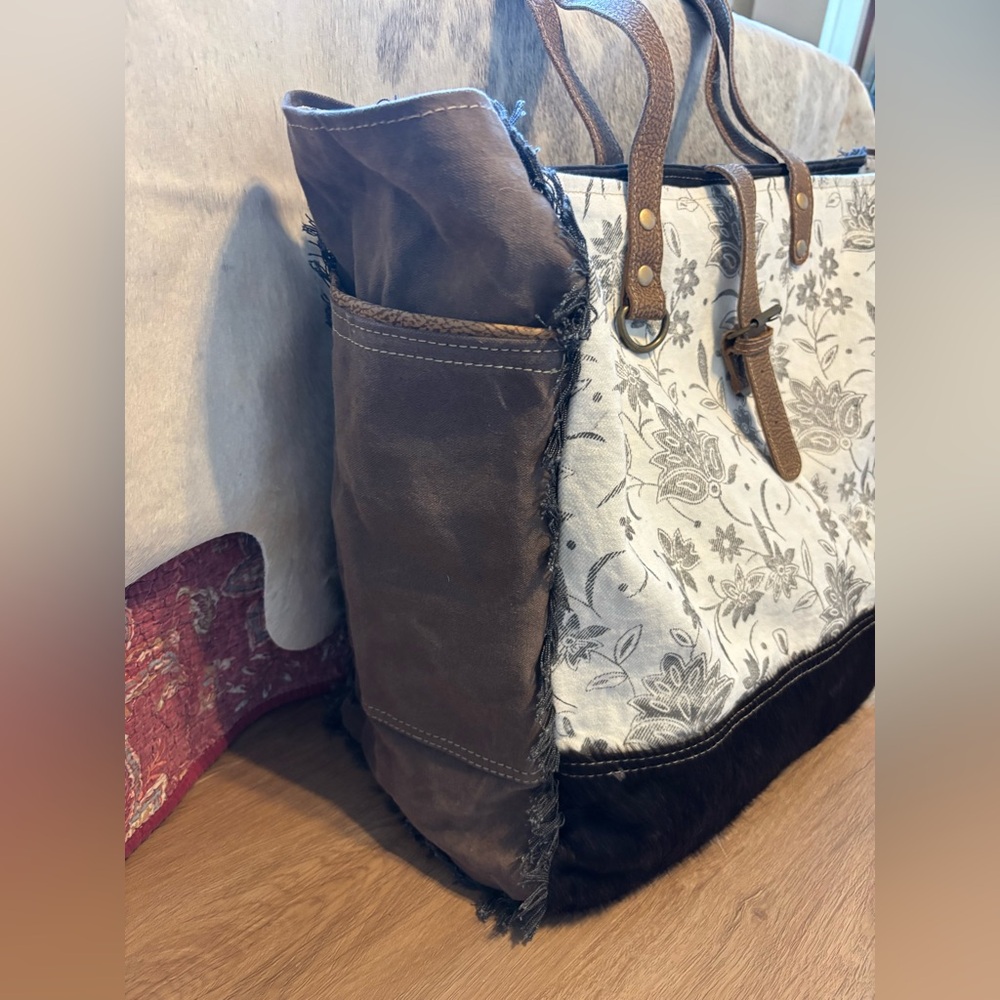 Myra Bag Floral Canvas & Leather Tote with Cowhide accent - Picture 2 of 5